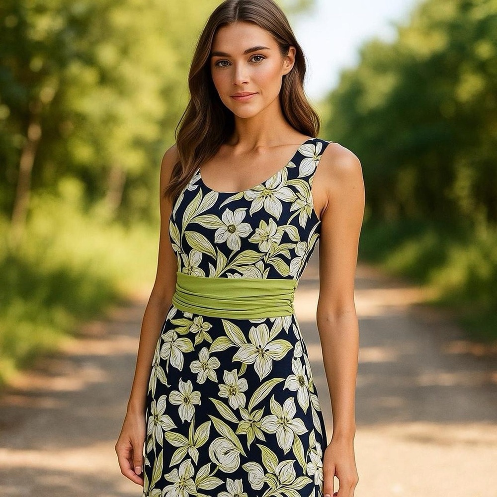 Perceptions Navy Blue and Green Floral Midi Dress